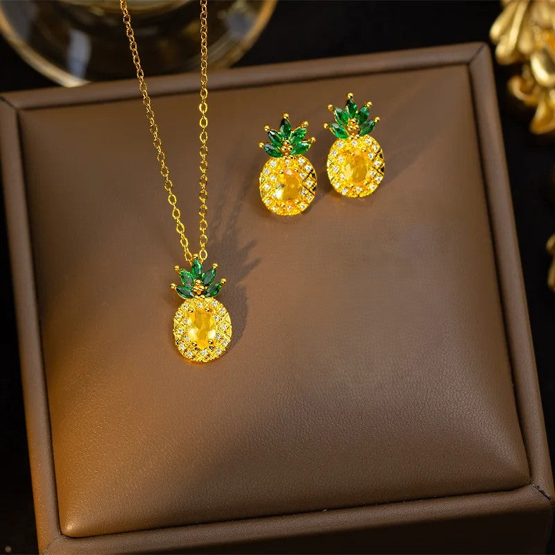 Collier et Boucles d'Oreilles Dorés - Ananas Tropical