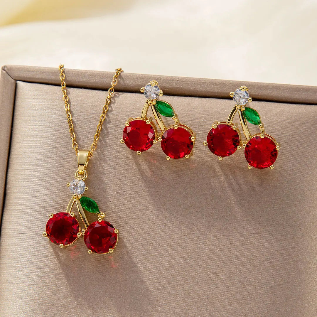 Collier et Boucles d'Oreilles Charmantes Cerises