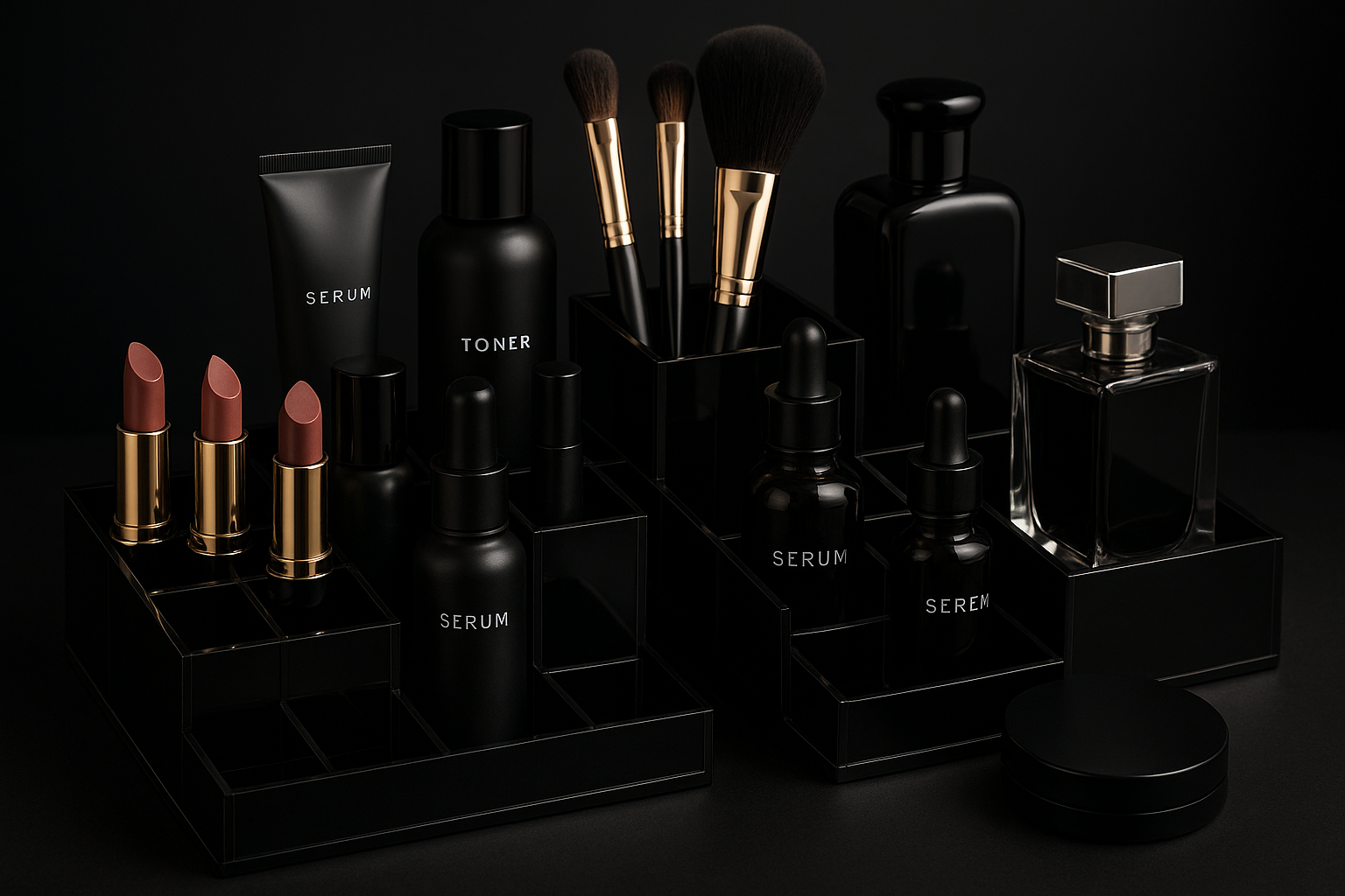 Generate a pictures that show case beauty products and beauty organizers with a dominant black 